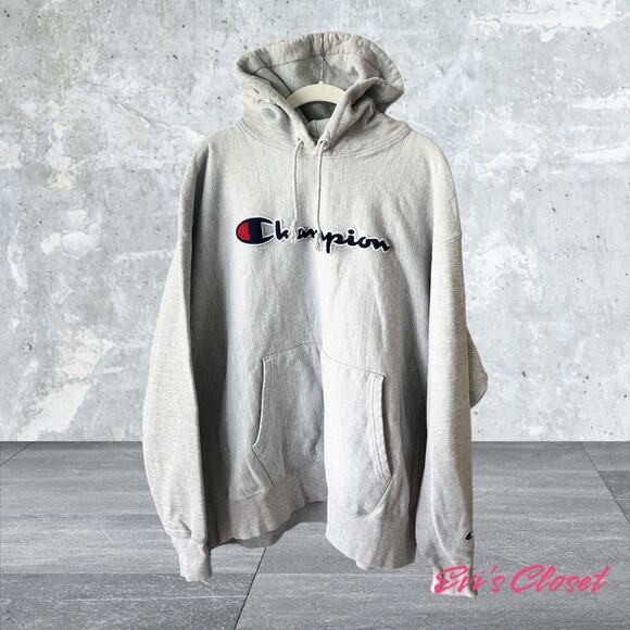 Champion Unisex Logo Print Hoodie Gray Cotton Blend Shawl Collar Size 2X - Picture 1 of 7